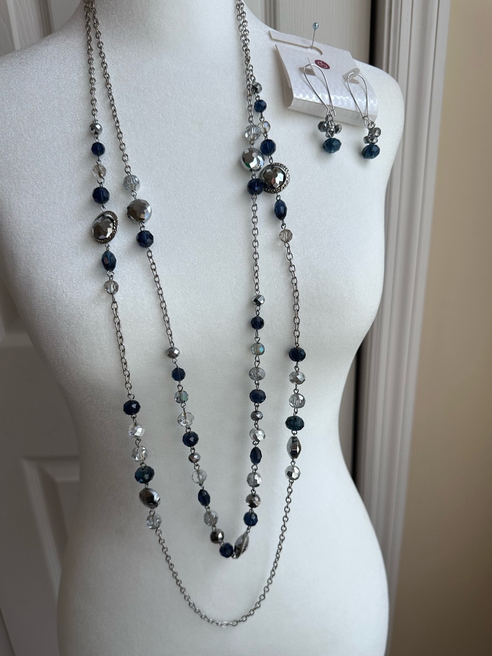 Silver Tone Long Necklace & Earrings Set with Navy and Clear Beads